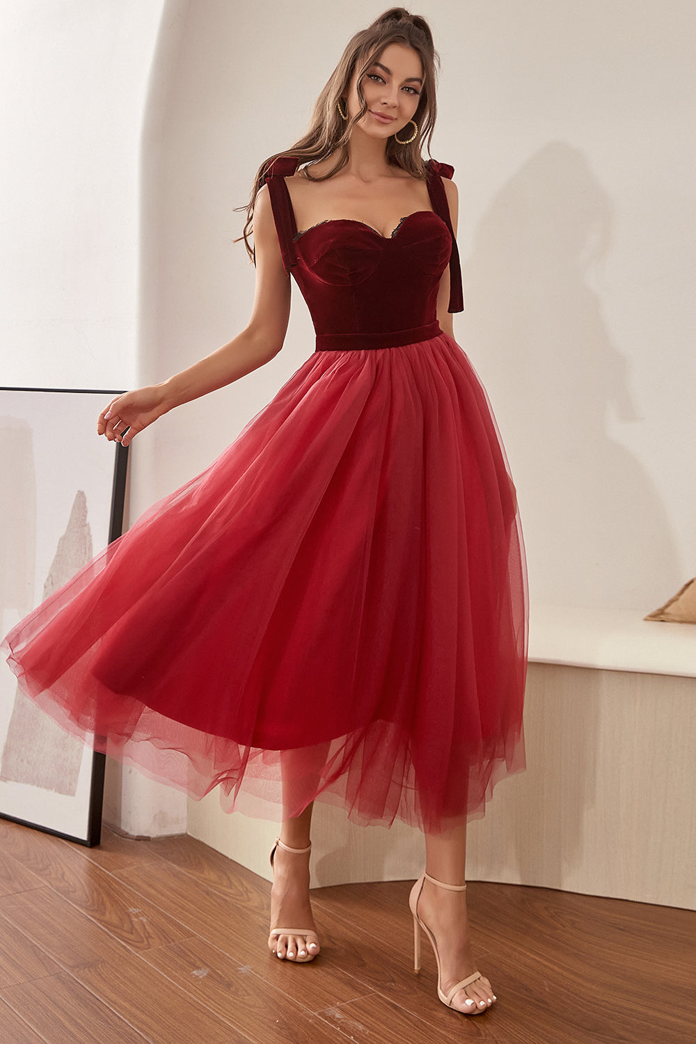 Burgundy Tulle Graduation Dress with Bowknot