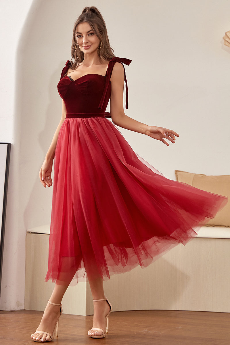 Load image into Gallery viewer, Burgundy Tulle Graduation Dress with Bowknot