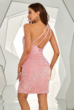 Pink One Shoulder Sequined Tight Graduation Dress