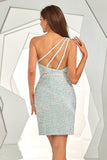 Sky Blue One Shoulder Sequin Graduation Dress