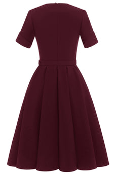 Burgundy 1950s Swing Dress with Belt