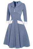 Grey Blue 1950s Swing Dress with Long Sleeves