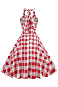 Red Plaid Halter 1950s Swing Dress