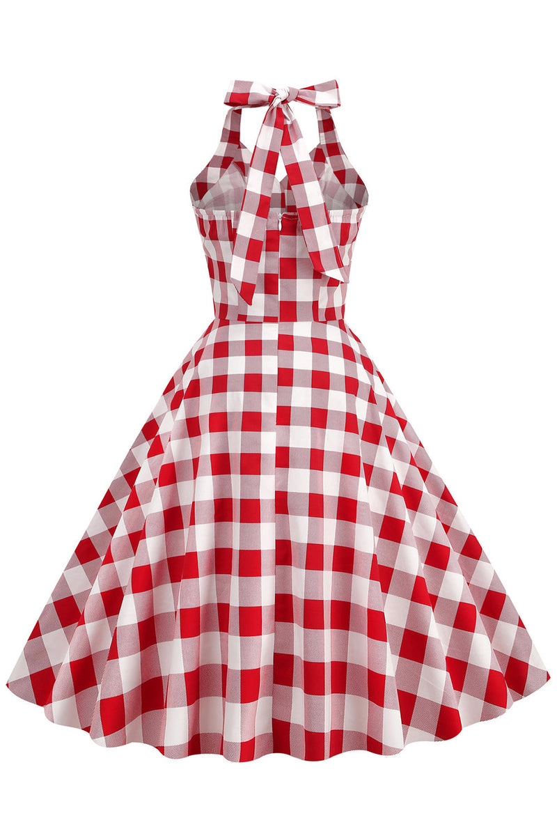 Load image into Gallery viewer, Red Plaid Halter 1950s Swing Dress
