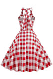 Red Plaid Halter 1950s Swing Dress