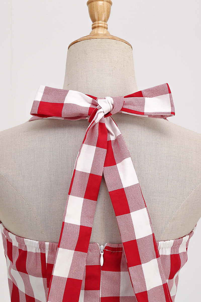Load image into Gallery viewer, Red Plaid Halter 1950s Swing Dress