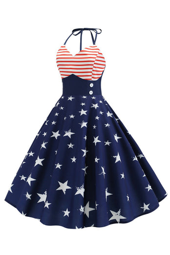 Halter Wrap Striped Star Print Swing Dress
