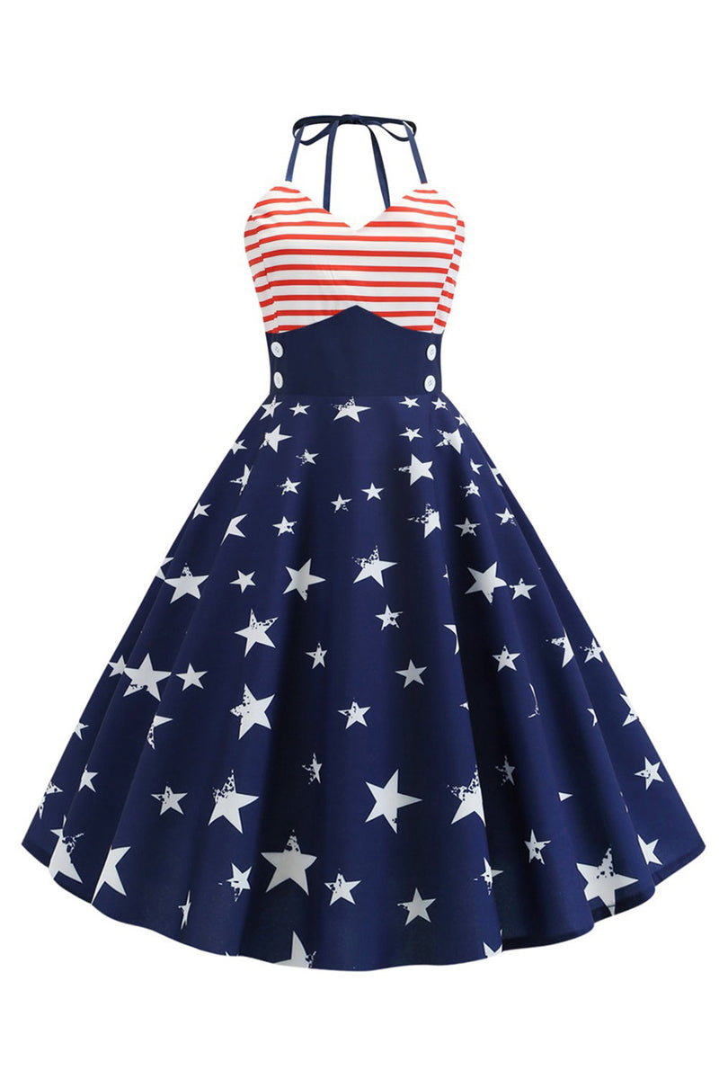 Load image into Gallery viewer, Halter Wrap Striped Star Print Swing Dress