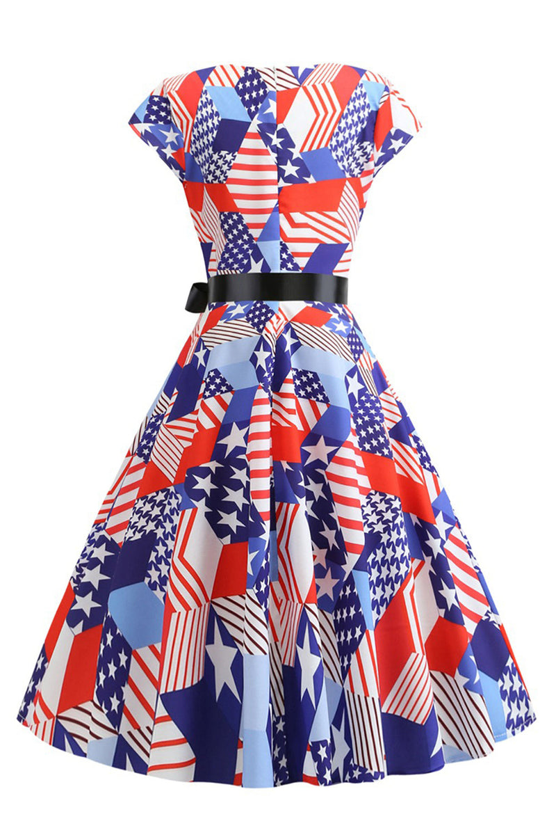 Load image into Gallery viewer, American Flag Printed Retro Dress with Bowknot