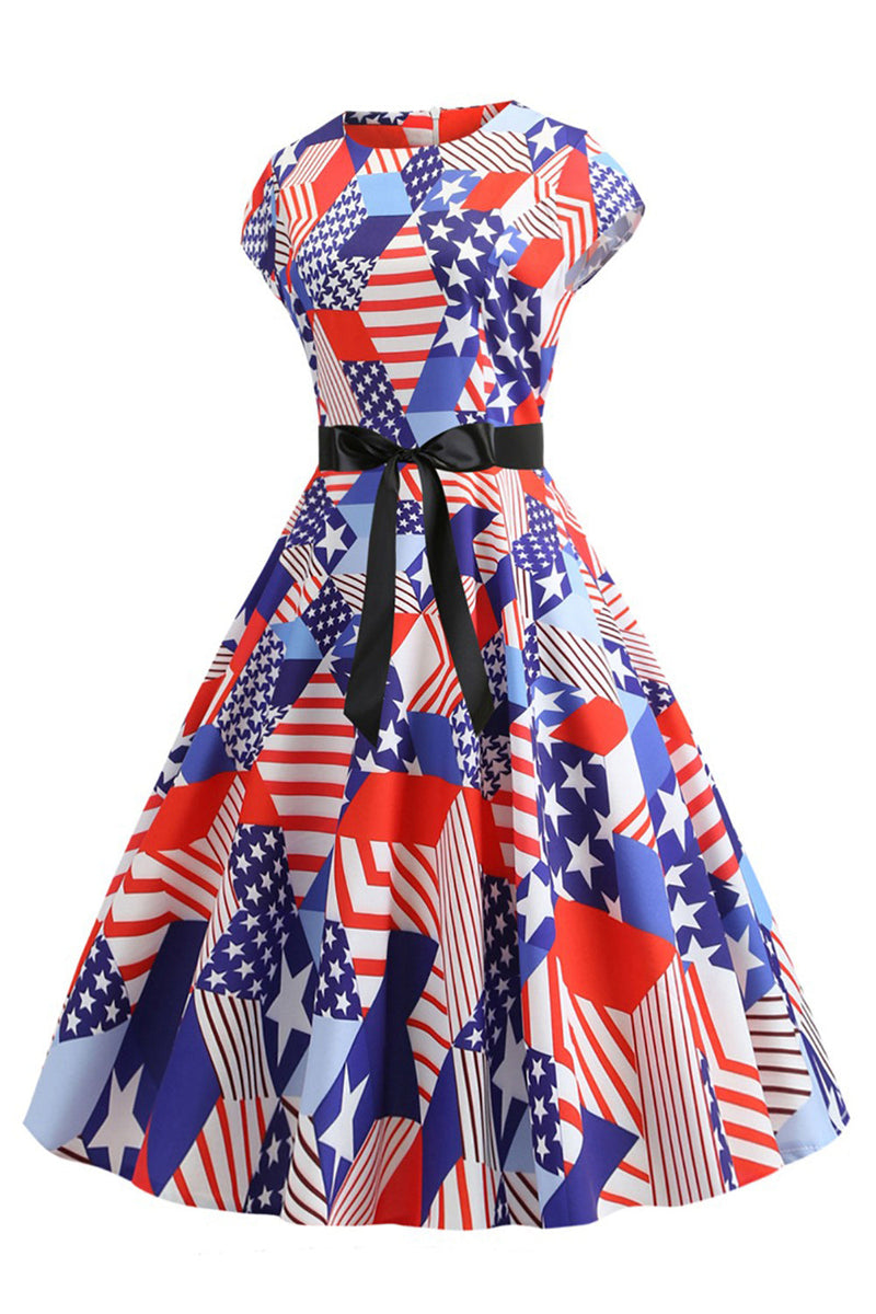 Load image into Gallery viewer, American Flag Printed Retro Dress with Bowknot