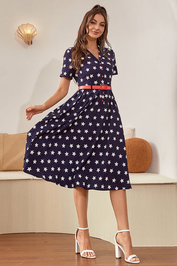 Navy Star Printed 1950s Vintage Dress with Short Sleeves