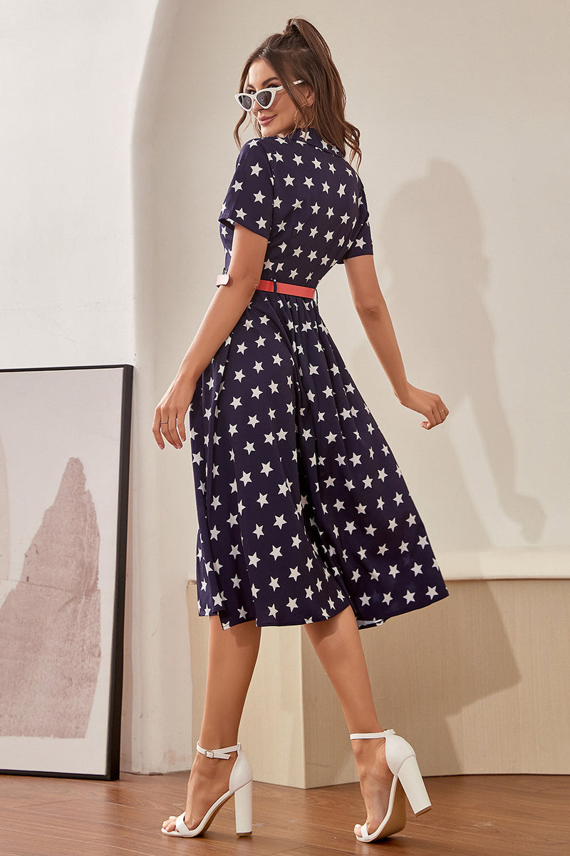 Load image into Gallery viewer, Navy Star Printed 1950s Vintage Dress with Short Sleeves