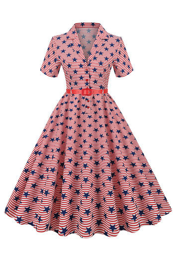 American Flag Stars Print Vintage Dress