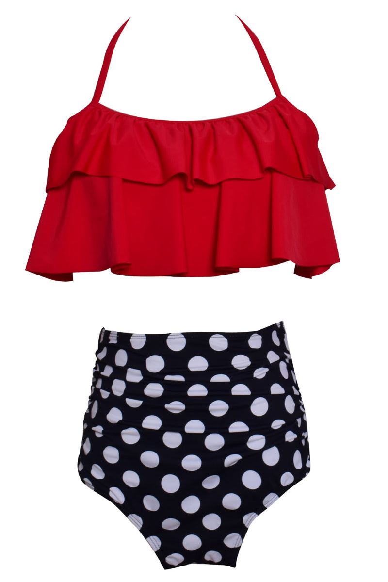 Load image into Gallery viewer, Red and Polka Dots Two Pieces Swimsuit with Ruffles