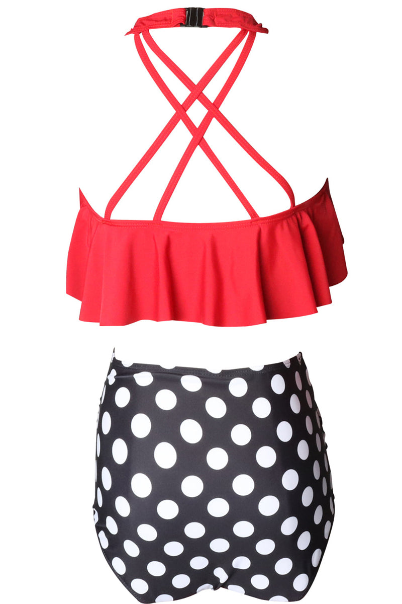 Load image into Gallery viewer, Black White dot Swimsuit with Ruffles