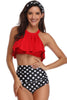 Load image into Gallery viewer, Black White dot Swimsuit with Ruffles