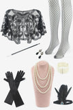 Black Eight Pieces Socks Gloves 1920s Accessories Sets