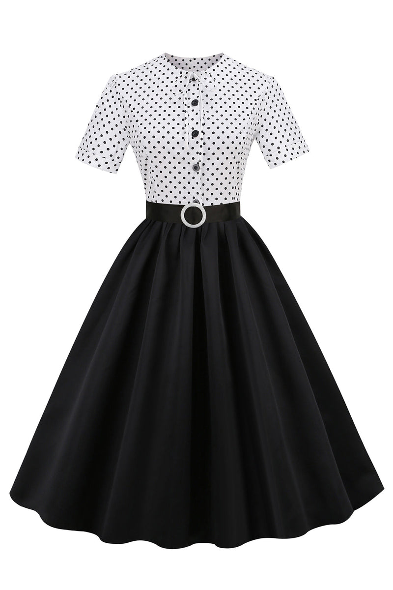 Load image into Gallery viewer, Black and White Polka Dots Vintage 1950s Dress