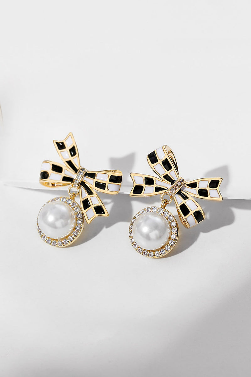 Load image into Gallery viewer, Black and White Check Bow Earrings