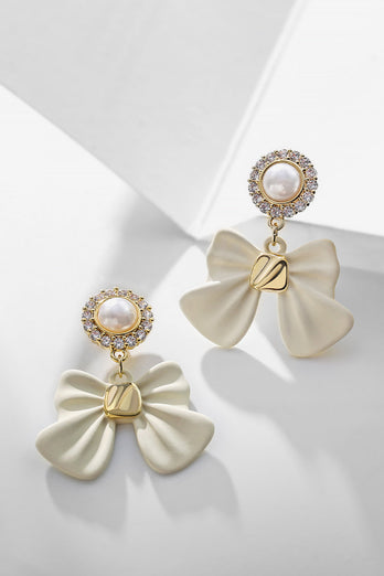 White Bow Earrings with Beading