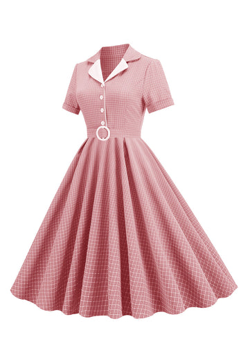Blush Plaid Swing 1950s Dress with Short Sleeves