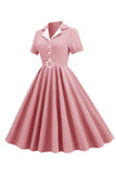 Blush Plaid Swing 1950s Dress with Short Sleeves