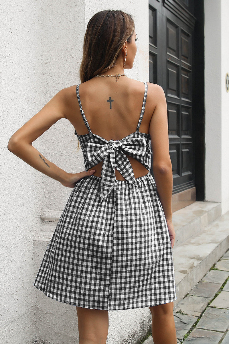 Load image into Gallery viewer, Black Plaid Open Back Summer Dress