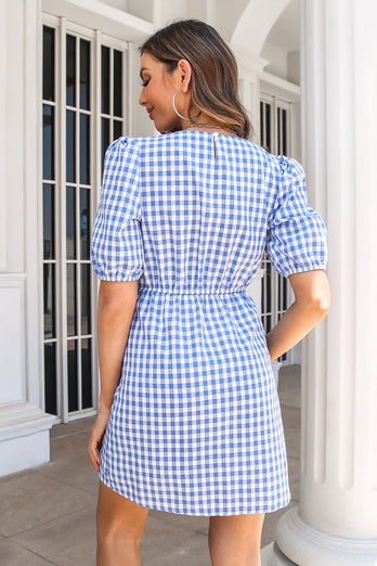 Blue Plaid Summer Dress with Bow