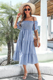 Blue Plaid Off Shoulder Summer Dress