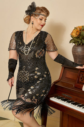 Plus Size Black Golden Beaded Sequins 1920s Dress