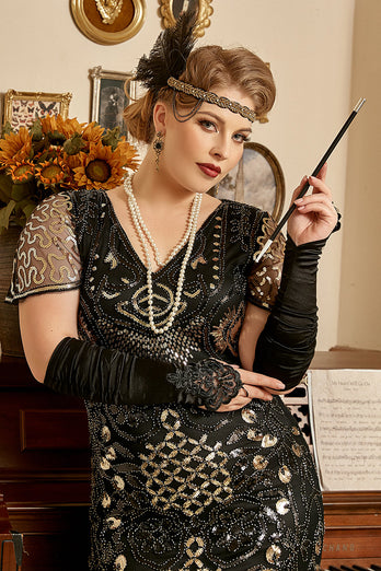 Plus Size Black Golden Beaded Sequins 1920s Dress