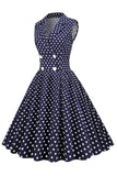 Navy V-Neck Polka Dots 1950s Swing Dress