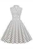 White Polka Dots Lapel Neck 1950s Dress