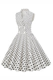 White Polka Dots Lapel Neck 1950s Dress