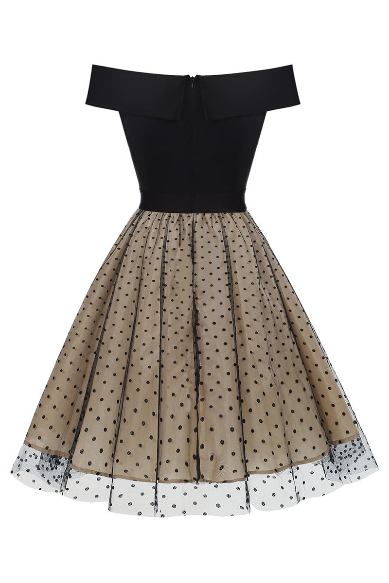 Load image into Gallery viewer, Black Off the Shoulder Polka Dots 1950s Dress
