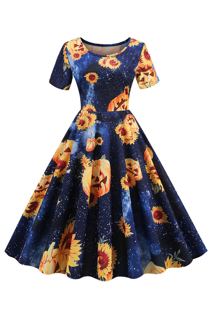 Load image into Gallery viewer, Halloween Short Sleeve Crew Neck Vintage Print Dress