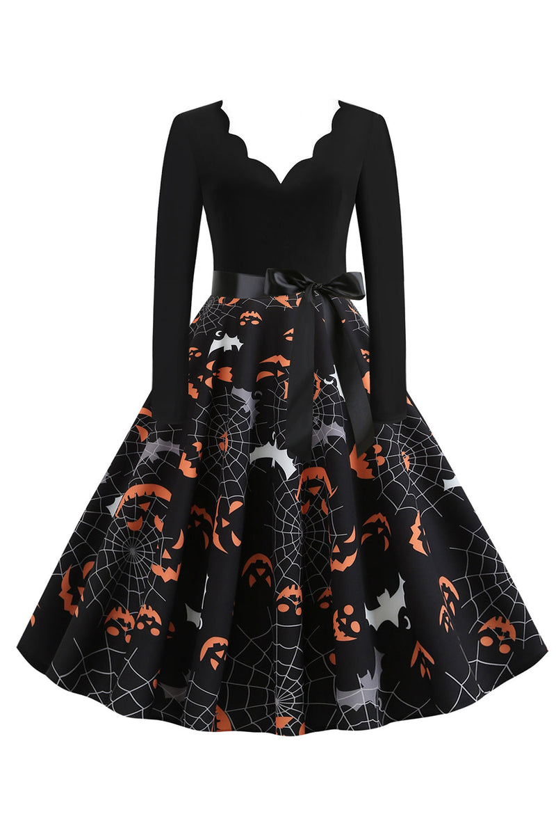 Load image into Gallery viewer, V Neck Black Halloween Vintage Dress with Long Sleeves