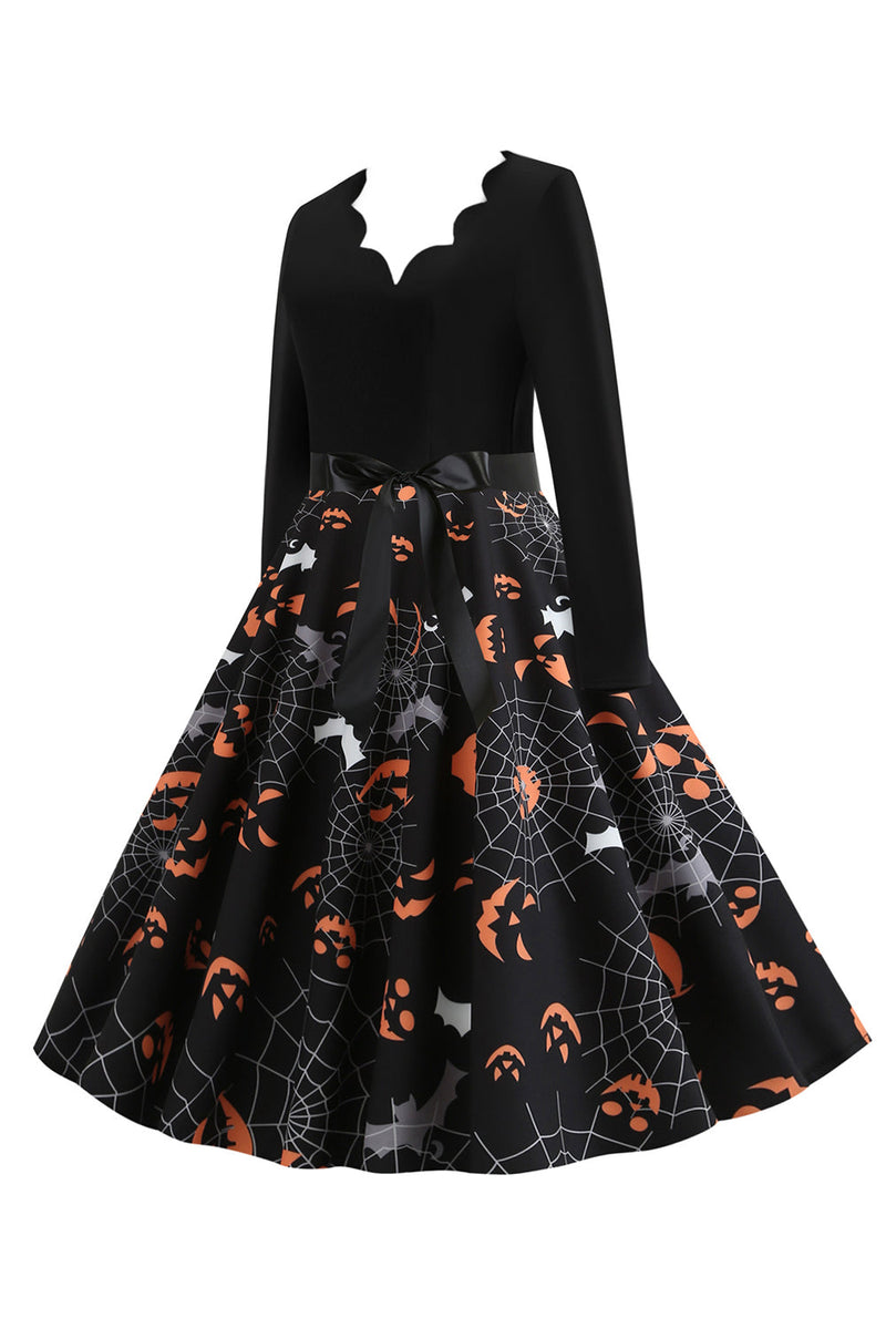 Load image into Gallery viewer, V Neck Black Halloween Vintage Dress with Long Sleeves