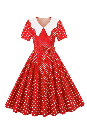 Hepburn Red Polka Dots Print Vintage Dress with Belt