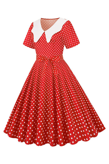Hepburn Red Polka Dots Print Vintage Dress with Belt