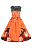 Vintage Crew Neck Lace Panel Print Halloween Dress