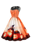 Vintage Crew Neck Lace Panel Print Halloween Dress