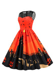 Vintage Crew Neck Lace Panel Print Halloween Dress