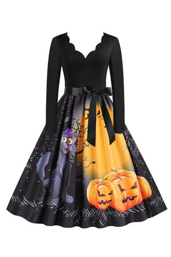 V-Neck Long Sleeve Jack-o-lantern Print Halloween Retro Dress