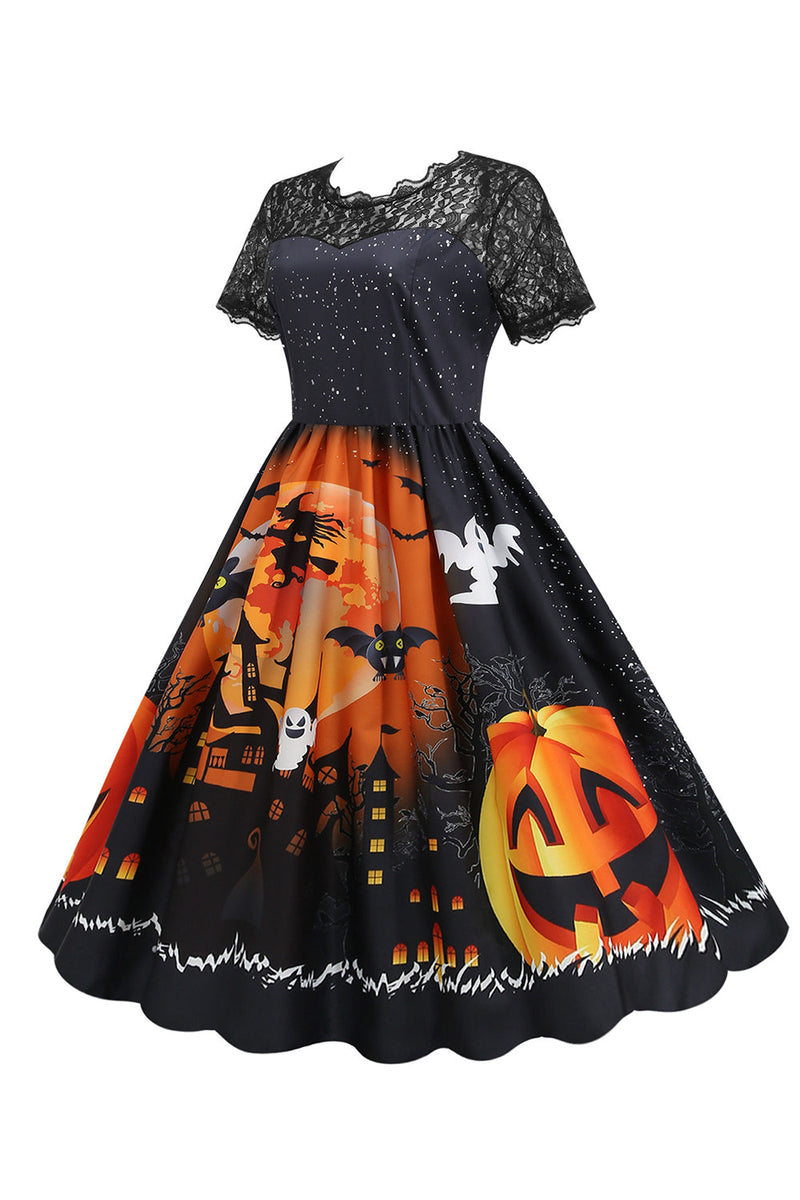 Load image into Gallery viewer, Lace Short Sleeve Print Halloween Retro Dress