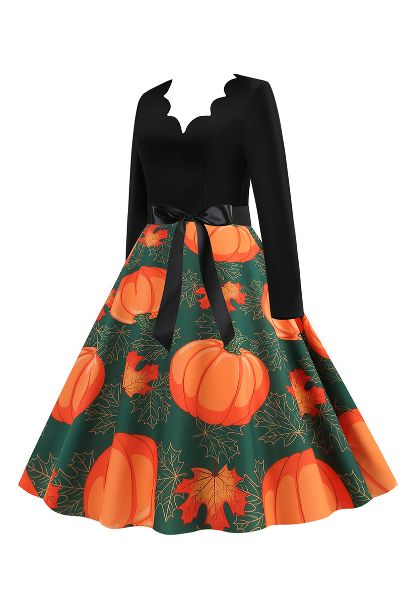 Load image into Gallery viewer, Wavy V-Neck Long Sleeve Print Halloween Retro Dress