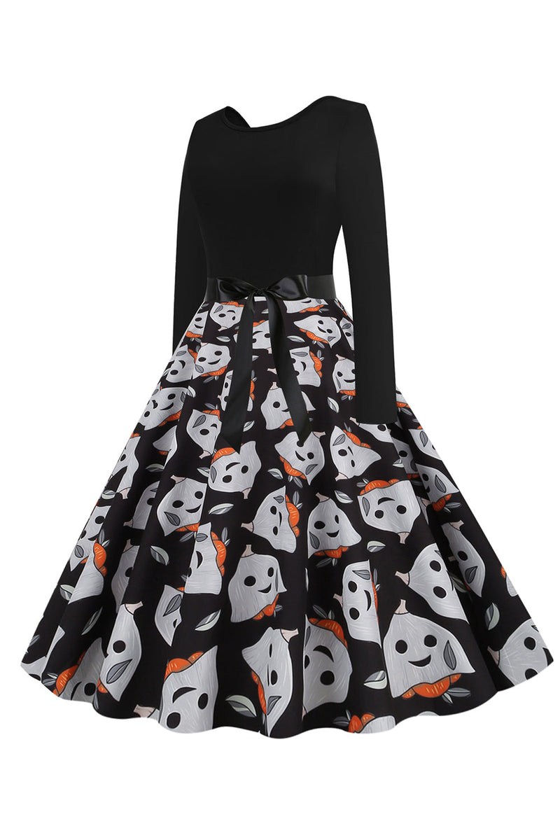 Load image into Gallery viewer, Vintage Crew Neck Long Sleeve Ghost Print Halloween Retro Dress