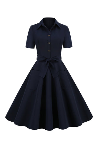 Navy Lapel Neck Vintage 1950s Dress