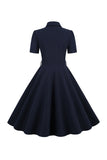 Navy Lapel Neck Vintage 1950s Dress