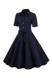 Navy Lapel Neck Vintage 1950s Dress